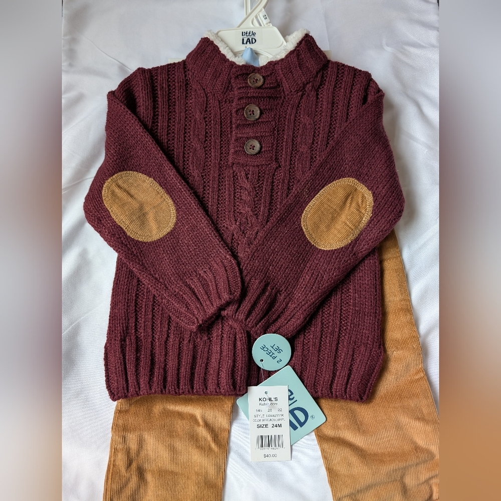 Boy's Sweater and Corduroys Set, Burgundy Sweater with Tan Accents and Tan Pants